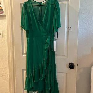 Calvin Klein Emerald Green High-Low Ruffle Wrap Dress